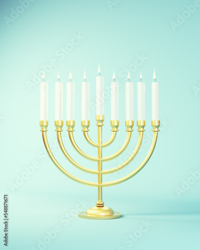 Hanukkah Gold Menorah Festival Of Lights Nine White Candles White Flame Home Temple Israel Hebrew Religion Symbol Jerusalem Background 2022 3d illustration render	