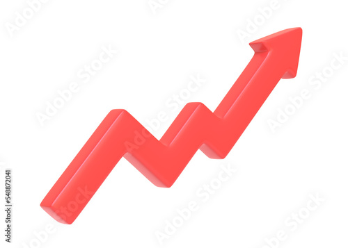 Growing red arrow up isolated on a white background. Simple red graph. Concept of growth and increase. 3d rendering 3d illustration