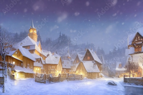 snowy town landscape with cozy, warm lighting.