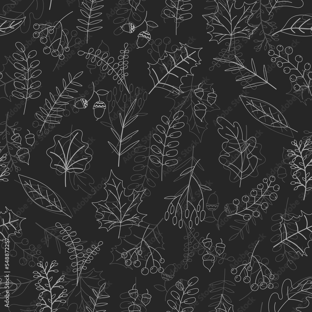 Fototapeta premium Vector hand drawn pattern with autumn elements on the dark gray background. Chalkboard imitation. Vector illustration
