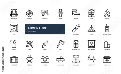 adventure journey travelling detailed outline icon set for camping with knife, ten, bag, more. simple vector illustration