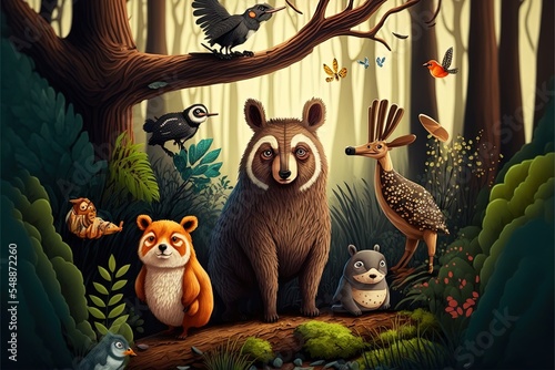 Wild Animals Cartoon Characters In The Forest Scene