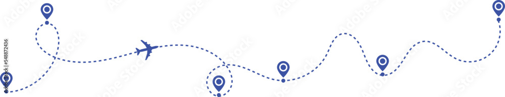 Airplane path in a dotted line shape. pin map marker pointer sign ...