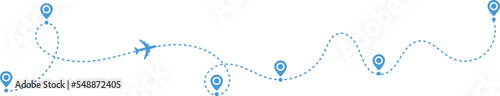 Airplane path in a dotted line shape. pin map marker pointer sign. Airplane line path travel icon. Aircraft tracking, planes travel dot line