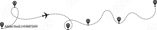 Airplane path in a dotted line shape. Airplane routes set. Plane route line. Planes dotted flight pathway. Plane paths. Aircraft tracking. location pins isolated on white background