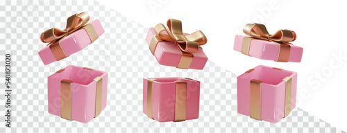 Realistic pink open gifts boxes set. 3d Valentine decoration presents. Festive gift surprise. Decor Isolated boxes