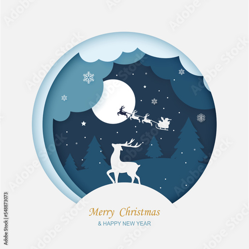 Merry Christmas greeting card in paper cut style. Vector