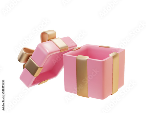 Valentines gifts box open 3d render. Pink box with gold glossy ribbon isolated on white background. Holiday decoration presents. Realistic icon PNG