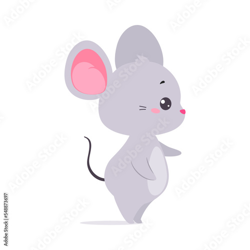 Cute Grey Mouse Character with Large Ears and Tail Standing Vector Illustration