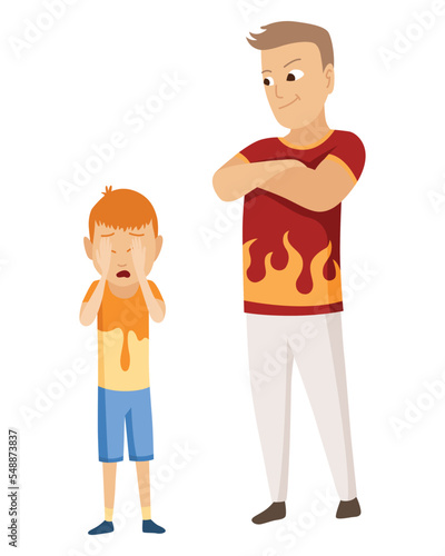 Kids bullying. Childish bullies or verbal and physical conflict between children. Bad child behavior, scared and strong angry children conflict, cartoon characters confrontation