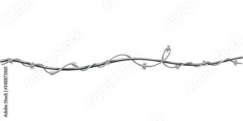 Barbed wire. Fencing strong sharply pointed element, twisted around, art pattern. Industrial barbwire, protection concept design. Modern metallic sharp element for area protection
