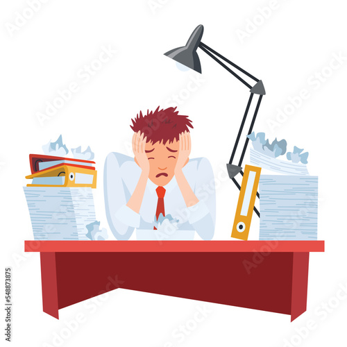 Office paperwork. Office worker with stack of documents. Concept man of office work with stress and overworking. Bureaucracy and overwork