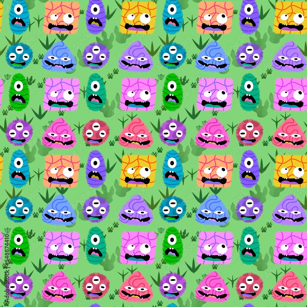 Fototapeta premium Cartoon doodle monsters seamless aliens and animals pattern for wrapping paper and fabrics and kids clothes