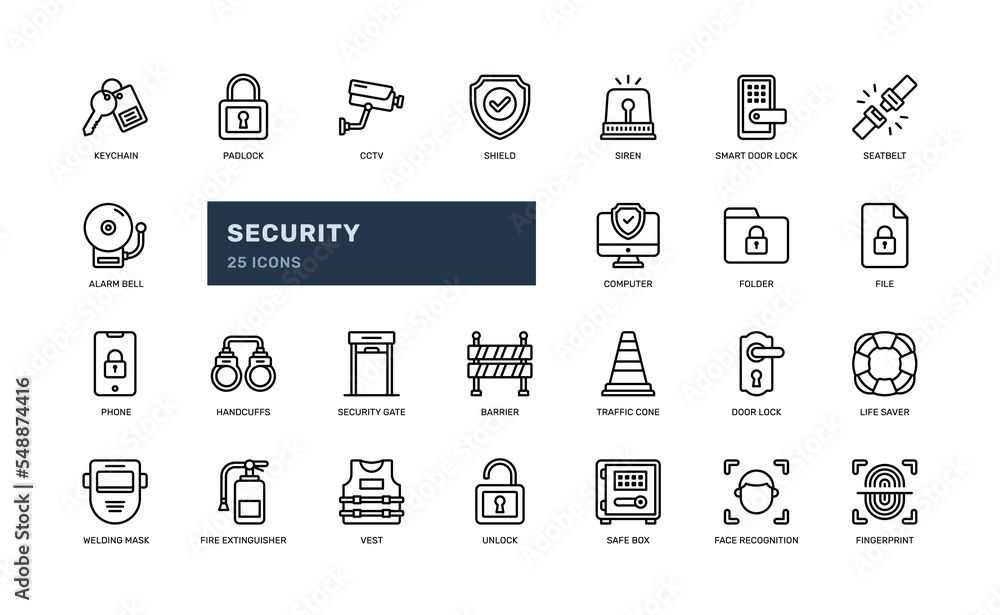 security protection guard safety detailed outline icon set with padlock, key, cctv, alarm, more. simple vector illustration