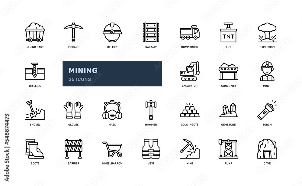 mining mine engineering mineral worker industry factory technology detailed outline icon set. simple vector illustration