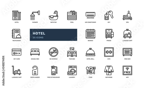 hotel travel vacation sleep detailed outline with bed, shower, restaurant, key, door knob. simple vector illustration
