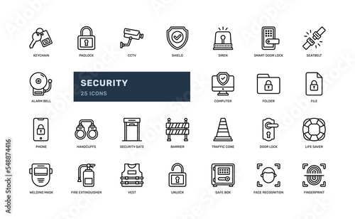 security protection guard safety detailed outline icon set with padlock, key, cctv, alarm, more. simple vector illustration
