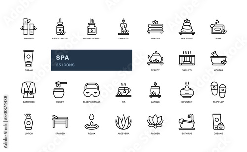 spa natural massage beauty woman therapy treatment relax detailed outline icon set. simple vector illustration