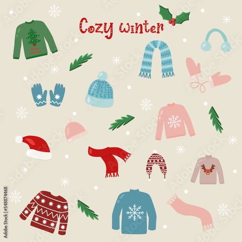 Warm winter cozy clothes set, items for cold season, vector