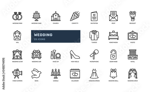 wedding love romance marriage detailed outline icon set with bride, honeymoon, cake, arch, altar, more. simple vector illustration