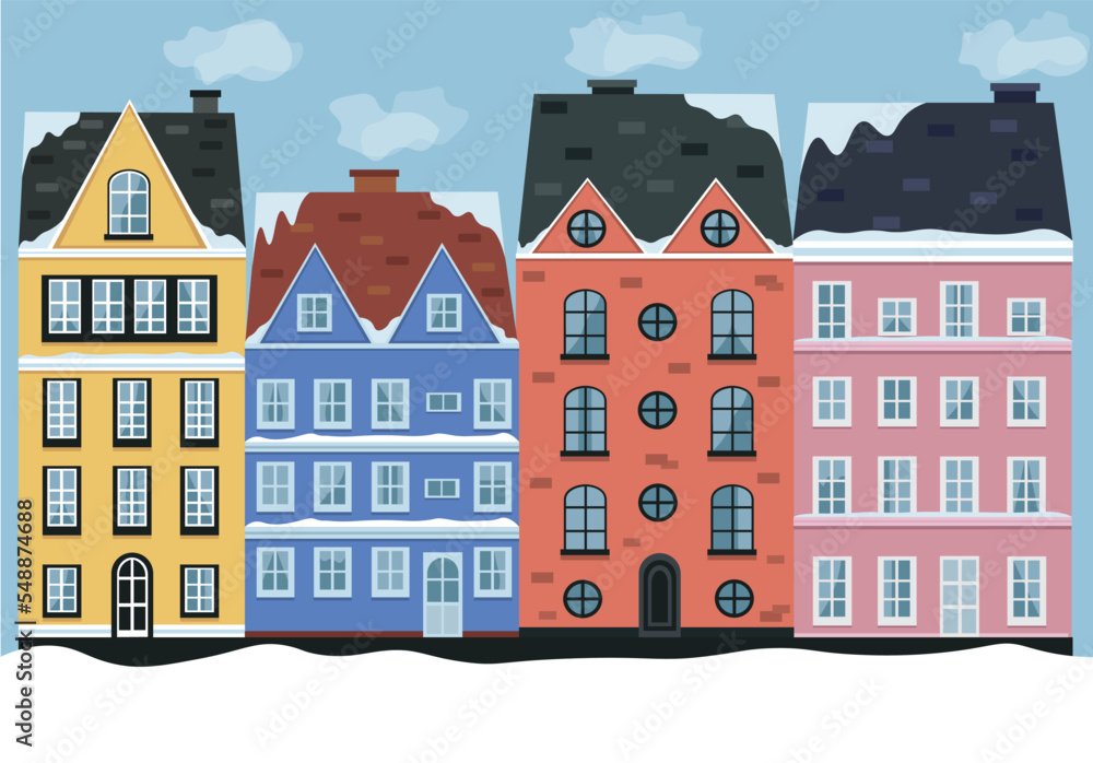 Vector cute winter stone houses. Flat snowy city scene. Facades of colorful houses in flat style. front view