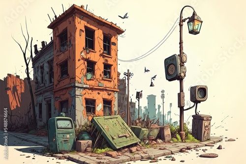 Ghetto Buildings, Litter Bin, Broken Car, Bar Signboard, Street Lamp, Carton Boxes, Ventilation And Satellite Antenna, Abandoned Ruined Old Houses. Dilapidated Dirty Street Isolated Cartoon 2D