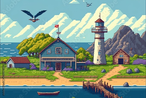 Pixel Art Landscape Farm On The Coast With House, Barn, Silo And Mill 8Bit Game Background photo