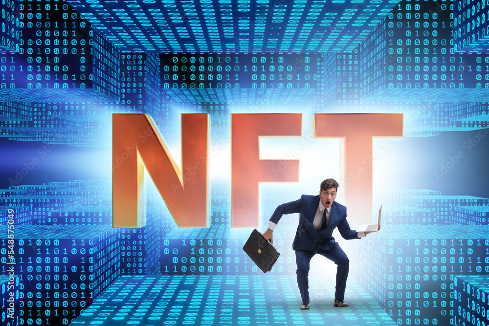 Businessman in NFT non fungible concept Businessman in NFT non fungible concept