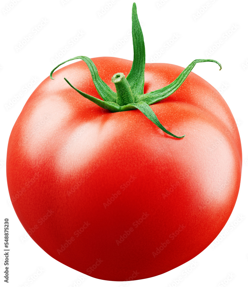 Red tomato with green leaf isolated on white or transparent background with clipping path. Full Depth of Field - obrazy, fototapety, plakaty 