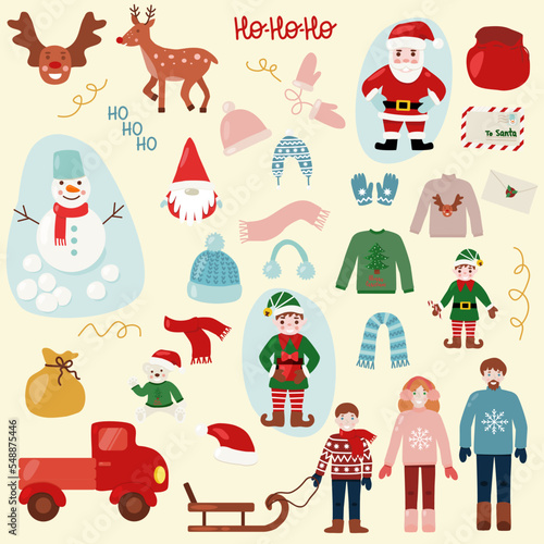 Set of Christmas characters, warm clothes and cozy elements, vector