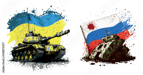 Ukrainian tank with a flag attacked and destroyed Russian tank. Protecting Ukraine from Russian invasion. Russia is losing in the war with Ukraine