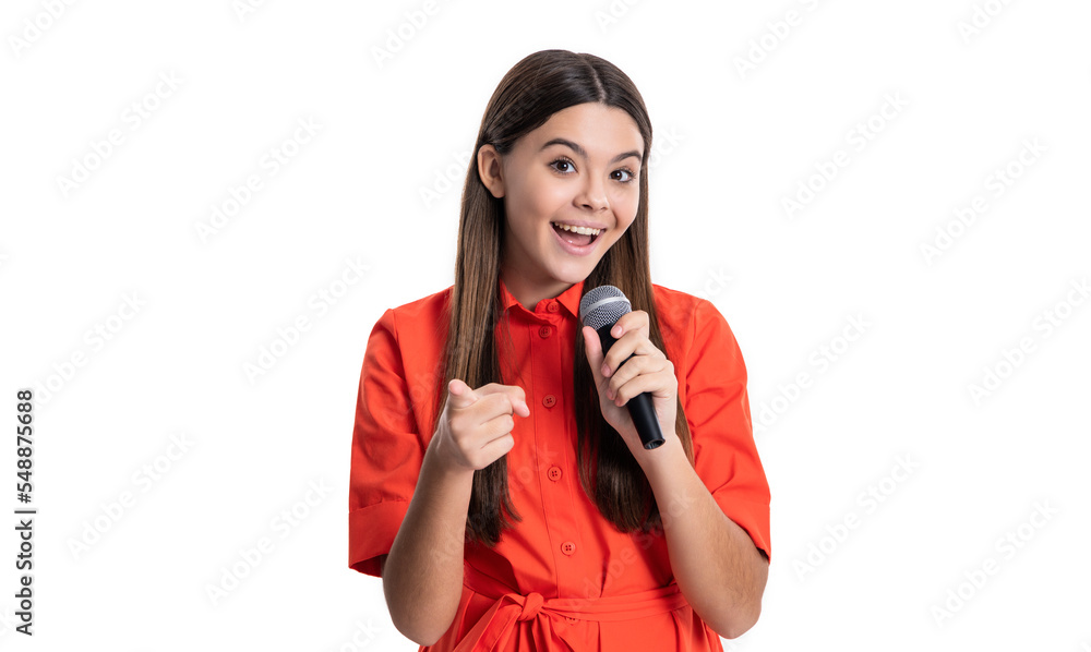teen girl singer holding microphone point finger in studio. teen girl singer with singing microphone. teen girl singer holding microphone point finger in studio. teen girl singer with singing microphone.