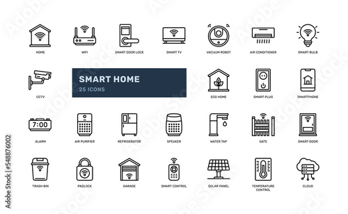 smart home electronic device internet for modern living house technology detailed outline icon set. simple vector illustration