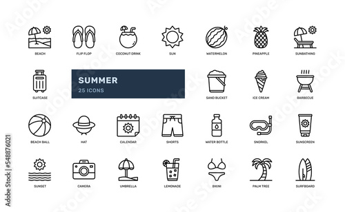 summer vacation holiday fun leisure at beach tropical island detailed outline icon set. simple vector illustration