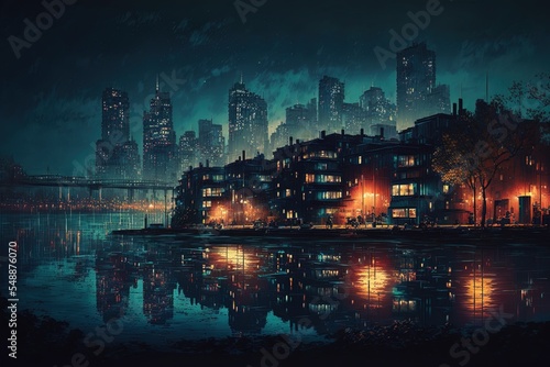 Urban Landscape At Night With Buildings And City Lights