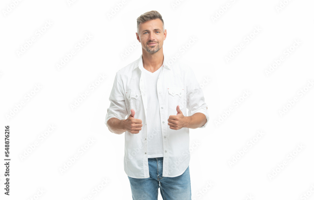 unshaven guy in white shirt showing thumb up . unshaven guy style. studio shot unshaven guy in white shirt showing thumb up . unshaven guy style. studio shot