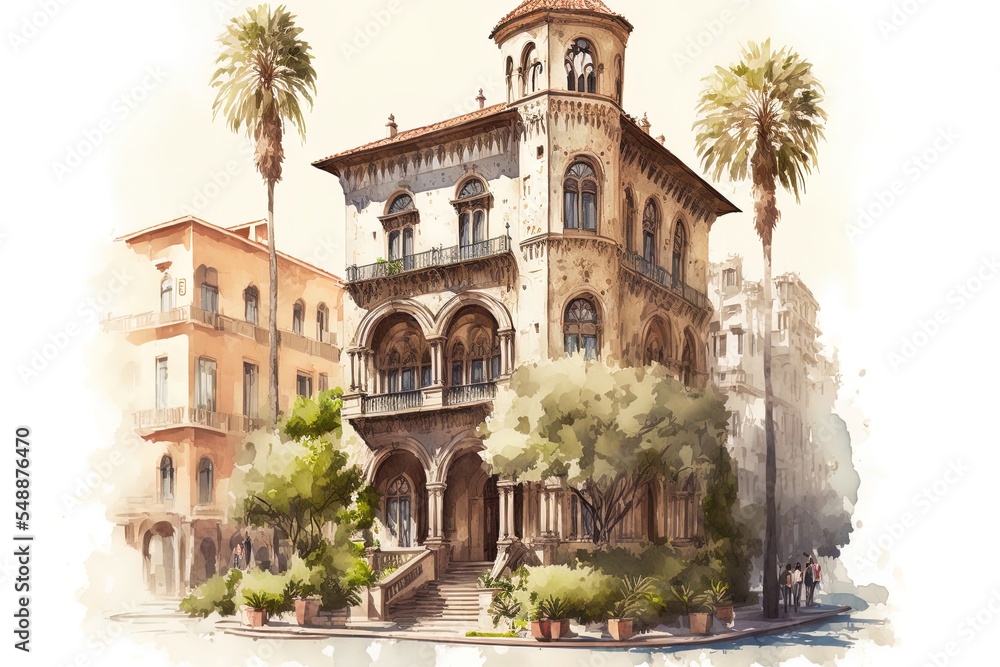 Illustration Of Mediterranean City Building Exterior Water Color Style