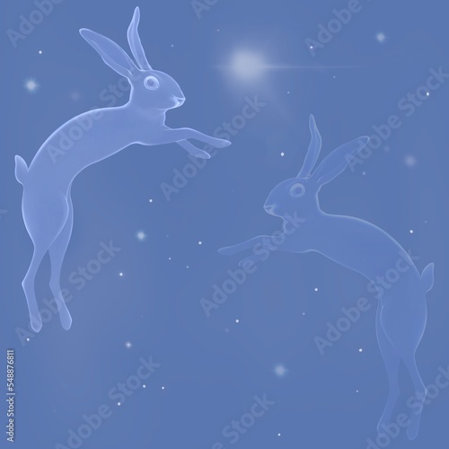 Seamless patterns with a starry sky, flying animals. Funny rabbit, among the cosmos, planets, comets, constellations. Abstract space print. Autumn Festival or Chinese New Year 2023, year of the Rabbit © Iryna