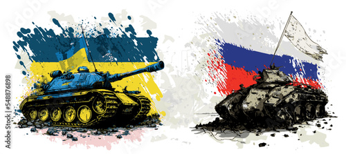 Ukrainian tank with a flag attacked and destroyed Russian tank. Protecting Ukraine from Russian invasion. Russia is losing in the war with Ukraine