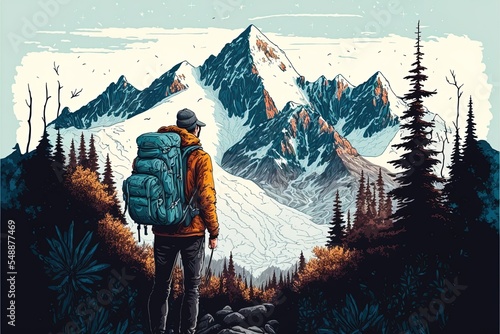 Active Tourist Hiking In Mountain. Man Wearing Backpack, Enjoying Trekking, Looking At Snowcapped Peaks. 2D Illustrated Illustration For Nature, Wilderness, Adventure Travel Concept