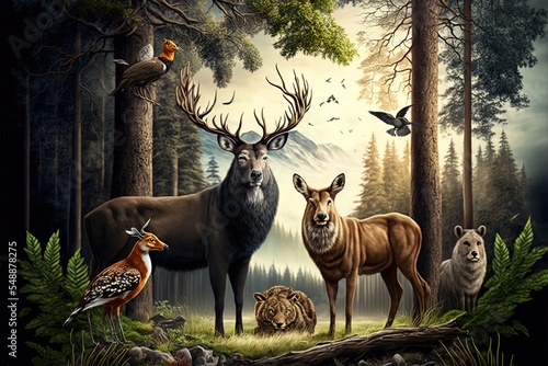 Wild Animals In Forest Landscape Background