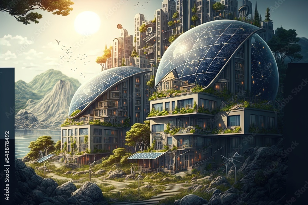 Obraz premium Eco City District With Solar Panels On Houses