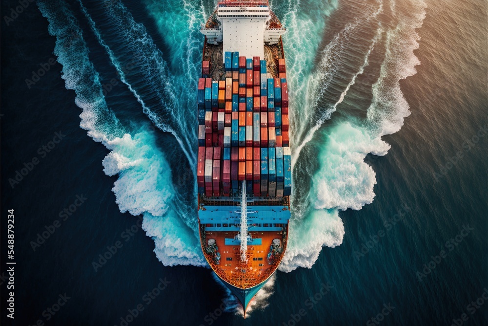Aerial View Of Container Cargo Ship In Sea. - obrazy, fototapety, plakaty 