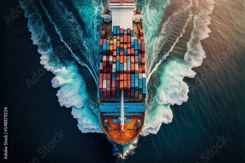 Fototapet Aerial View Of Container Cargo Ship In Sea - generative AI
