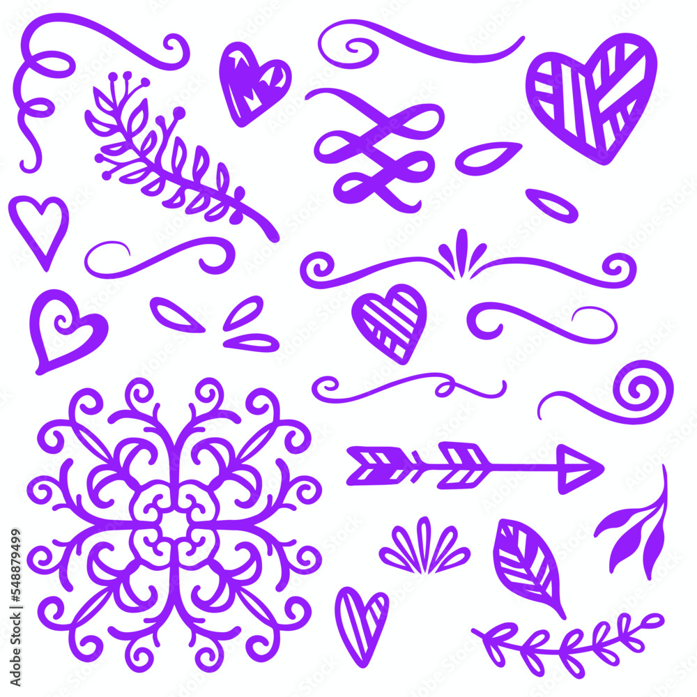 Obraz premium Purple Swirls Swoosh Marks with Vector Hand Drawn Highlighter Accent Line Designs