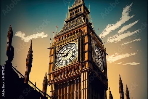 Big Ben Clock Tower In London At Suncartoon Style, Special Photographic Processing. photo