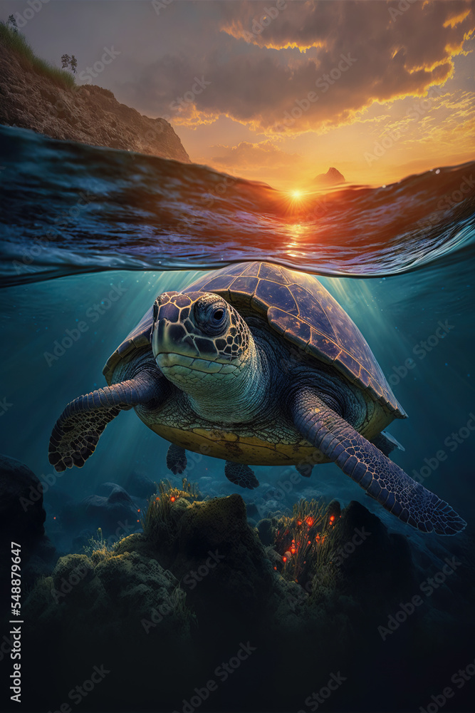 Beautiful turtle swimming in a shallow sea near the coastline at sunset