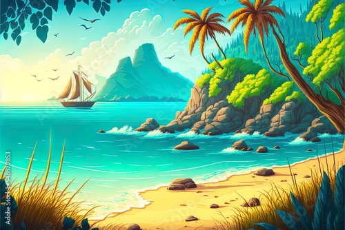 Cartoon Summer Beach. Paradise Nature Vacation, Ocean Or Sea Seashore. Seaside Landscape Background Illustration