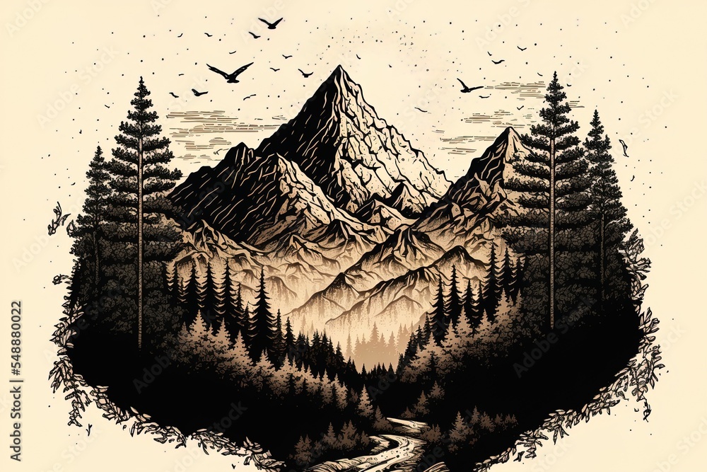 Illustration Of Mountain And Forest Landscape In Tattoo Style. Illustration