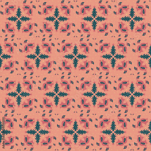 Bell Holly Berry Christmas Tree Star Seamless Pattern Background Garden Nature Winter Art